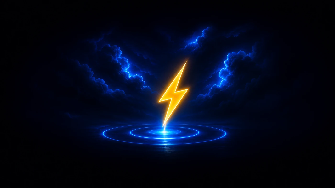 A golden lightning bolt over blue locator rings and storm clouds
